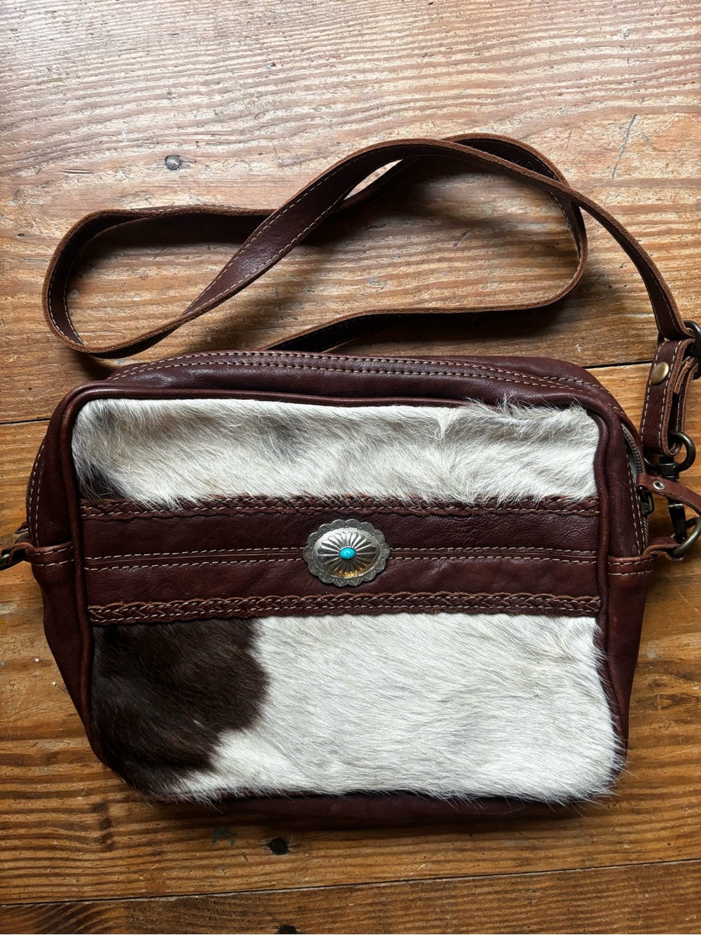 Myra Bag Cow Fur with Turquoise Emblem Leather Shoulder Bag Purse